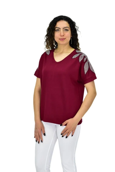 Kadın Yarım Kol V Yaka Taşlı Likralı Tişöt  BGL-ST04654 - Resim 3