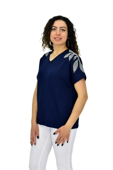 Kadın Yarım Kol V Yaka Taşlı Likralı Tişöt  BGL-ST04654 - Resim 11