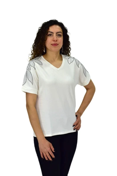Kadın Yarım Kol V Yaka Taşlı Likralı Tişöt  BGL-ST04654 - Resim 8