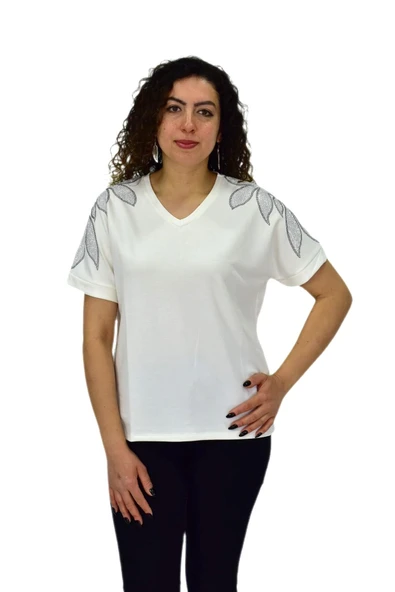 Kadın Yarım Kol V Yaka Taşlı Likralı Tişöt  BGL-ST04654 - Resim 6