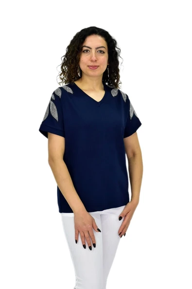 Kadın Yarım Kol V Yaka Taşlı Likralı Tişöt  BGL-ST04654 - Resim 12