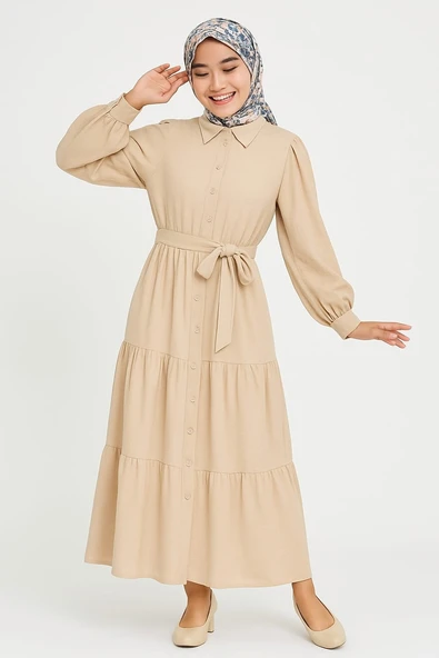 KADIN Gömlek Yaka Kuşak Detaylı Çok Şık Elbise - 3