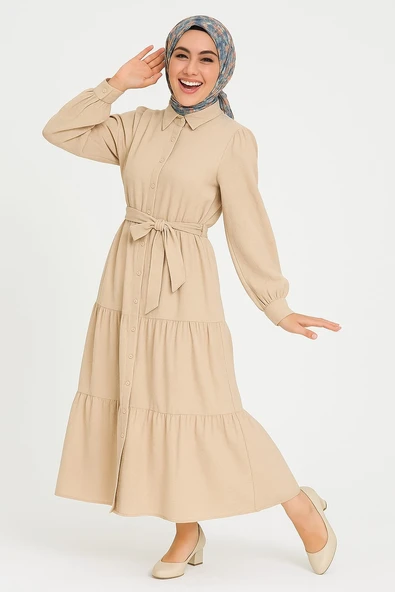 KADIN Gömlek Yaka Kuşak Detaylı Çok Şık Elbise - 5