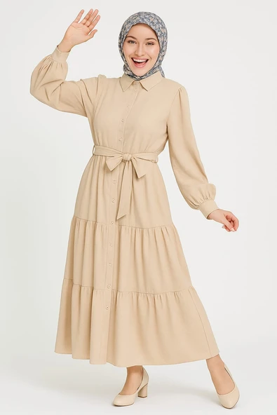 KADIN Gömlek Yaka Kuşak Detaylı Çok Şık Elbise - 4