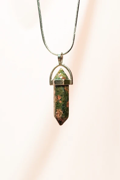 Unakit Doğal Taşı Zincirli El Yapımı Tasarımlı Kolye Uç: 3,5 cm Zincir: 20 cm Kutulu ürün görseli 1