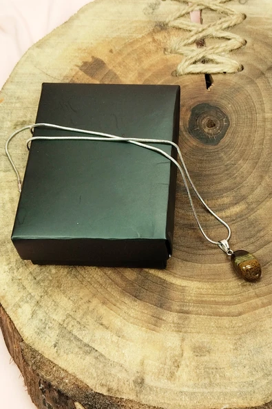 Kaplan Gözü Doğal Taşı Zincirli El Yapımı Kolye Uç: 2 cm Zincir: 20 cm Kutulu - Resim 4