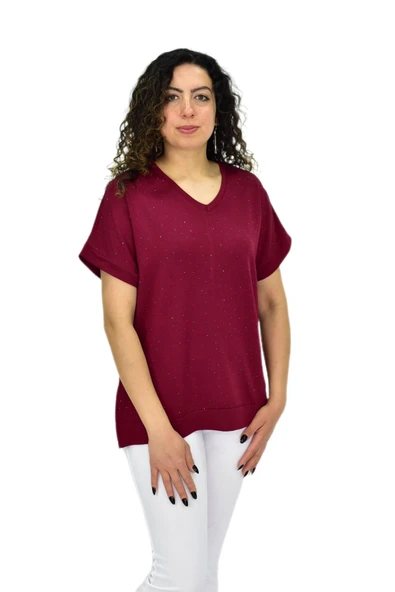 Kadın Yarım Kol V Yaka Taşlı Likralı Tişöt  BGL-ST04653 - Resim 4