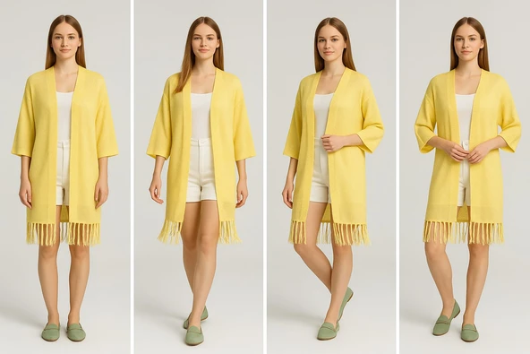 Kadın Simli Transparan Etek Ucu Püsküllü Triko Hırka ve Pareo - 2