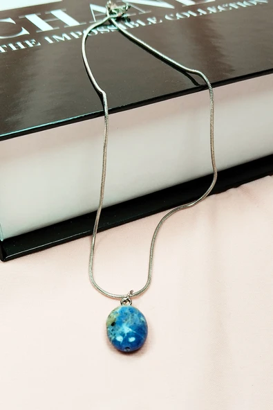 Sodalit Doğal Taşı Zincirli El Yapımı Kolye Uç: 1,5 cm Zincir: 20 cm Kutulu - Resim 2