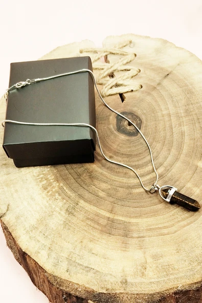 Kaplan Gözü Doğal Taşı Zincirli El Yapımı Tasarımlı Kolye Uç: 3,5 cm Zincir: 20 cm Kutulu - Resim 3