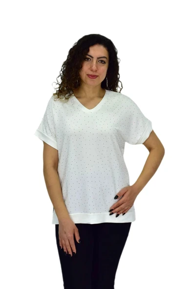 Kadın Yarım Kol V Yaka Taşlı Likralı Tişöt  BGL-ST04653 - Resim 6