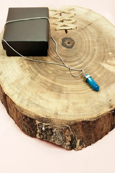 Aquamarin Doğal Taşı Zincirli El Yapımı Tasarımlı Kolye Uç: 3,5 cm Zincir: 20 cm Kutulu - Resim 3