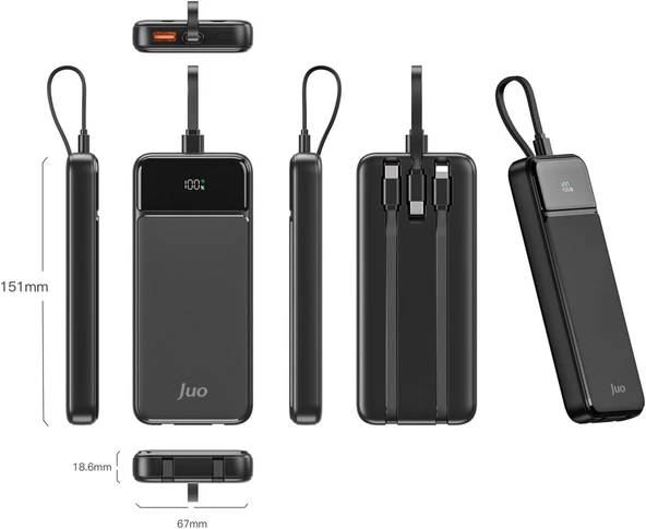 Juo 10000mAh 22.5W Led Ekranlı Lightning ve Type-C Kablolu Powerbank Taşınabilir Hızlı Şarj Cihazı Siyah - Resim 3