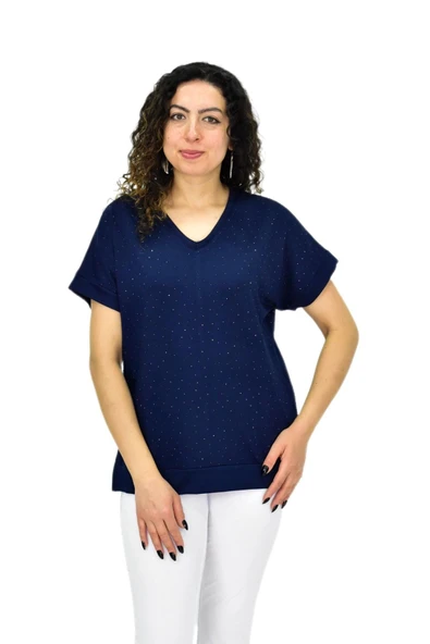 Kadın Yarım Kol V Yaka Taşlı Likralı Tişöt  BGL-ST04653 - Resim 10