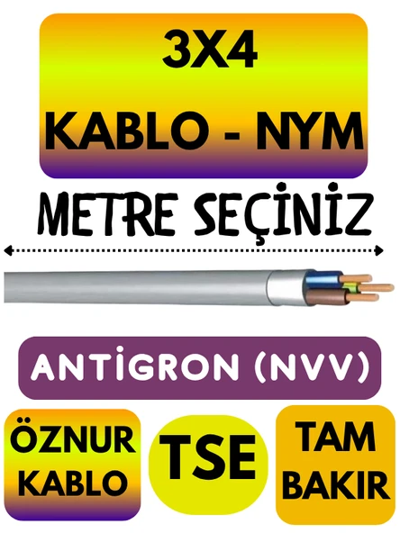 Öznur 3X4 ANTİGRON (NYM) Kablo (Gri) Metre Seçenekli