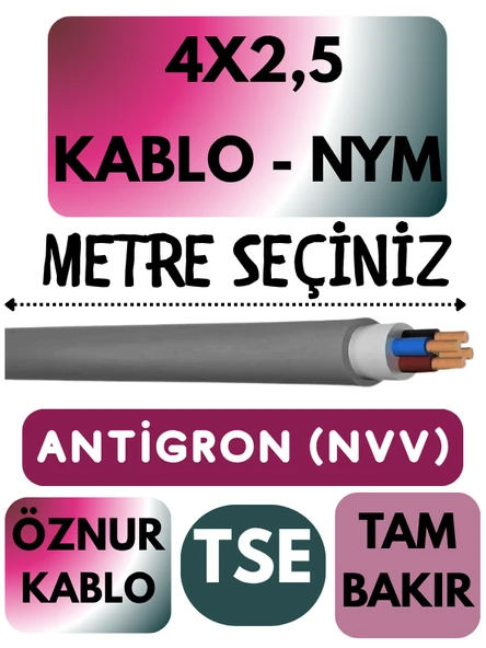 Öznur 4X2,5 ANTİGRON (NYM) Kablo (Gri) Metre Seçenekli