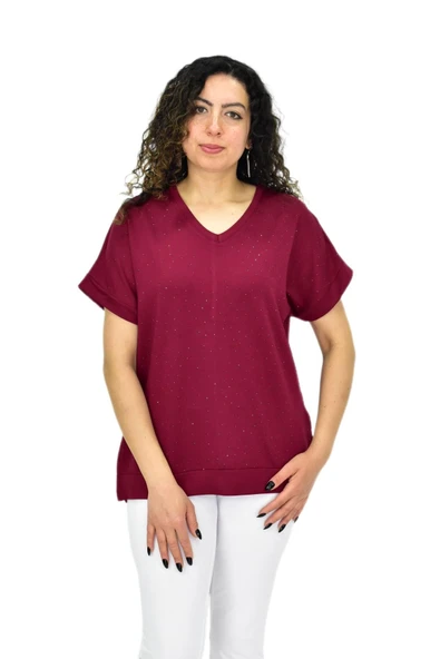 Kadın Yarım Kol V Yaka Taşlı Likralı Tişöt  BGL-ST04653 - Resim 2