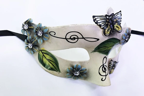 Kelebek ve Çiçek İşlemeli Venedik Maskesi Siyah Renk 10x18 cm - 3