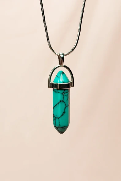 Turkuaz Doğal Taşı Zincirli El Yapımı Kolye Uç: 3 cm Zincir: 20 cm Kutulu - Resim 3