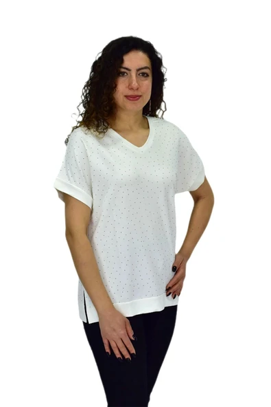 Kadın Yarım Kol V Yaka Taşlı Likralı Tişöt  BGL-ST04653 - Resim 8