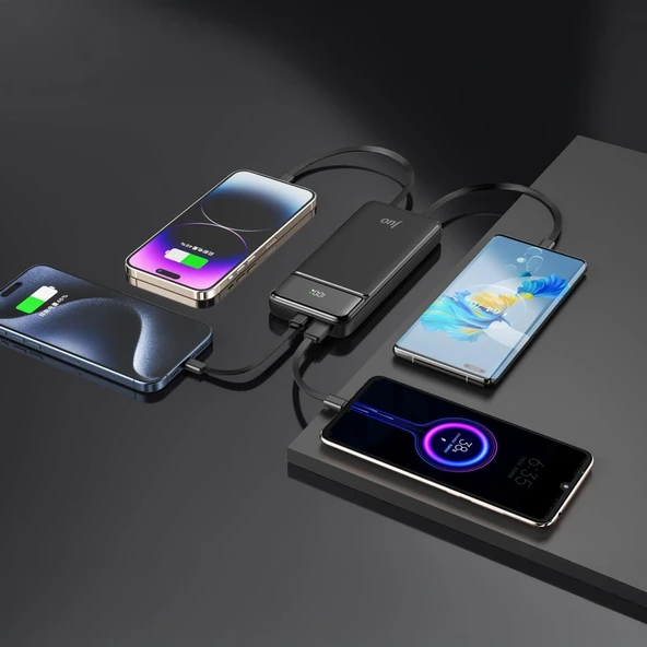 Juo 10000mAh 22.5W Led Ekranlı Lightning ve Type-C Kablolu Powerbank Taşınabilir Hızlı Şarj Cihazı Siyah - Resim 4