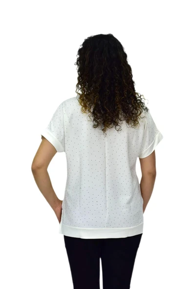 Kadın Yarım Kol V Yaka Taşlı Likralı Tişöt  BGL-ST04653 - Resim 9