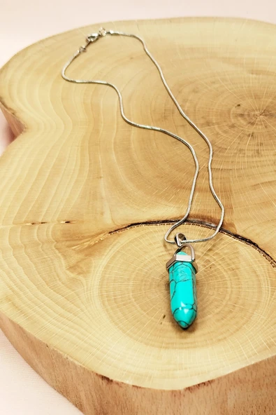 Turkuaz Doğal Taşı Zincirli El Yapımı Kolye Uç: 3 cm Zincir: 20 cm Kutulu - Resim 5