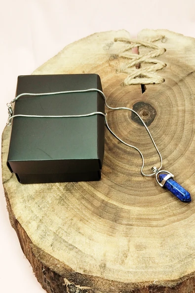 Lapis  Lazuli Doğal Taşı Zincirli El Yapımı Tasarımlı Kolye Uç: 3,5 cm Zincir: 20 cm Kutulu - 3