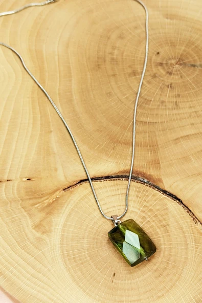 Moldavit Doğal Taşı Zincirli El Yapımı Kolye Uç: 2 cm Zincir: 20 cm Kutulu - Resim 3