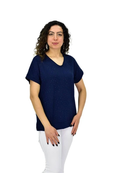 Kadın Yarım Kol V Yaka Taşlı Likralı Tişöt  BGL-ST04653 - Resim 11