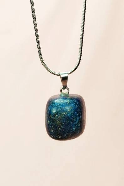 Lapis Lazuri Doğal Taşı Zincirli El Yapımı Kolye Uç: 2 cm Zincir: 20 cm Kutulu - Resim 4