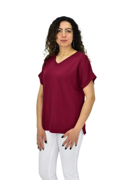 Kadın Yarım Kol V Yaka Taşlı Likralı Tişöt  BGL-ST04653 - Resim 3