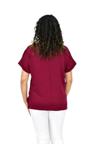 Kadın Yarım Kol V Yaka Taşlı Likralı Tişöt  BGL-ST04653 - Resim 5