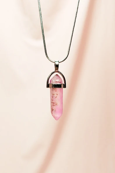 Pembe Kuvars Doğal Taşı Zincirli El Yapımı Tasarımlı Kolye Uç: 3,5 cm Zincir: 20 cm Kutulu - 1
