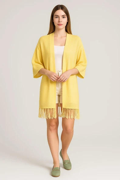 Kadın Simli Transparan Etek Ucu Püsküllü Triko Hırka ve Pareo