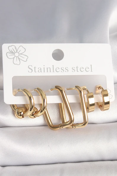 316L Çelik Gold Renk Halka Kare Model Kadın Küpe Seti - TJ-BKP10385
