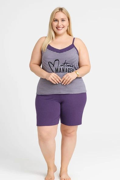 KADIN Büyük Beden İp Askılı Bluz ve Şortlu Alt Üst Pijama Takımı