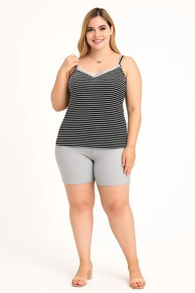 KADIN Büyük Beden İp Askılı Bluz ve Şortlu Alt Üst Pijama Takımı