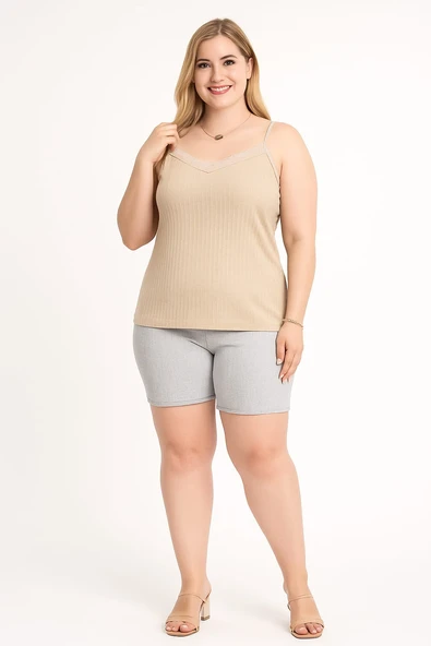 KADIN Büyük Beden İp Askılı Bluz ve Şortlu Alt Üst Pijama Takımı