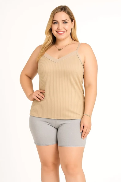 KADIN Büyük Beden İp Askılı Bluz ve Şortlu Alt Üst Pijama Takımı - 2