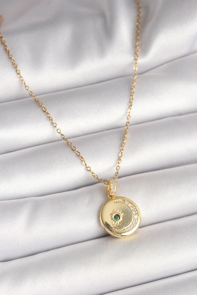 316L Çelik Gold Renk Zincir Zirkon Taş İşlemeli Hilal Yıldız İşlemeli Madalyon Model Kadın Kolye - TJ-BKO9952