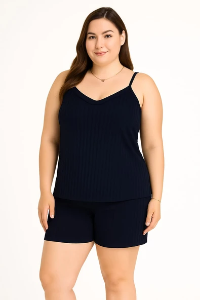 KADIN Büyük Beden İp Askılı Bluz ve Şortlu Alt Üst Pijama Takımı