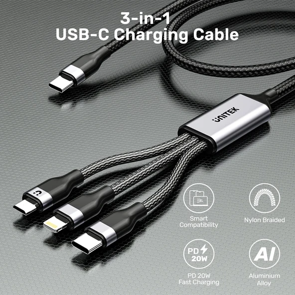 UNITEK TYPE-C 3in1 HIZLI ŞARJ KABLOSU 1.5MT 20W MICRO USB, TYPE-C, LIGHTNING (C14101AGY01-1.5M) - 4