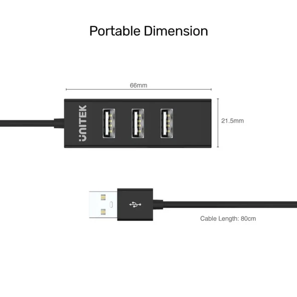 UNITEK TYPE-A TO 4 PORT USB2.0 HUB 80CM KABLO (Y-2140) - 5