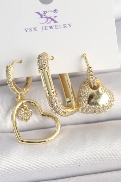 Pirinç Gold Renk Zirkon Taşlı Sallantı Kalp Model 3'Lü Kadın Kombin Küpe - TJ-BKP10441