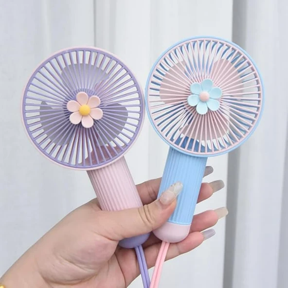 Ozmik Çiçekli Küçük Fan Mini USB Şarjlı  Telefon Askısı ile Mavi - 2