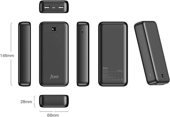 Juo 20000mAh 10.5W Çift USB-A Çıkışlı Powerbank Taşınabilir Hızlı Şarj Cihazı Siyah - Resim 2