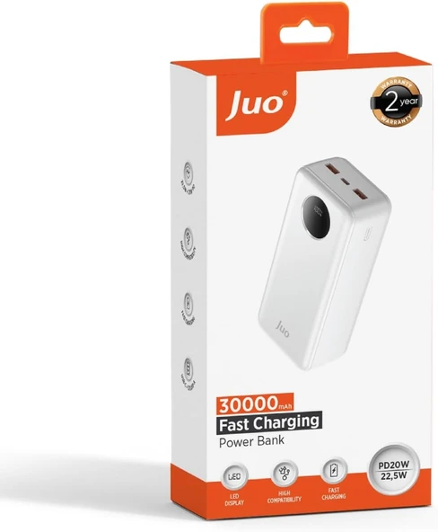 Juo 30000mAh 22.5W Dijital Led Ekranlı Taşınabilir Hızlı Şarj Cihazı Powerbank Beyaz - Resim 4