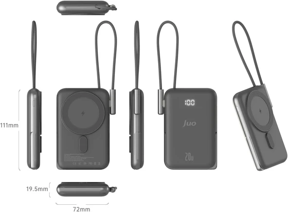 Juo Magsafe Powerbank 10000mAh Standlı 20W Dahili Type-C Kablolu Taşınabilir Hızlı Şarj Cihazı Siyah - Resim 3