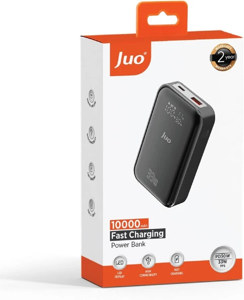 Juo 10000mAh 33W LED Watt Amper Göstergeli USB-A + Type-C Powerbank Taşınabilir Hızlı Şarj Cihazı - Resim 3